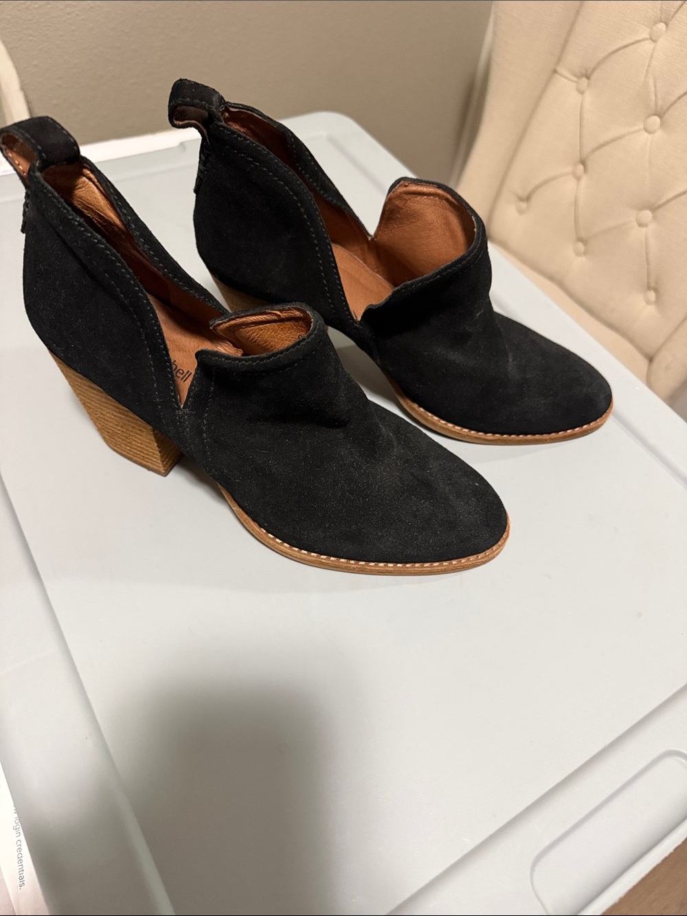 Jeffrey Campbell Black Suede Cutout Block Heel Booties with Tan Wood Heel
